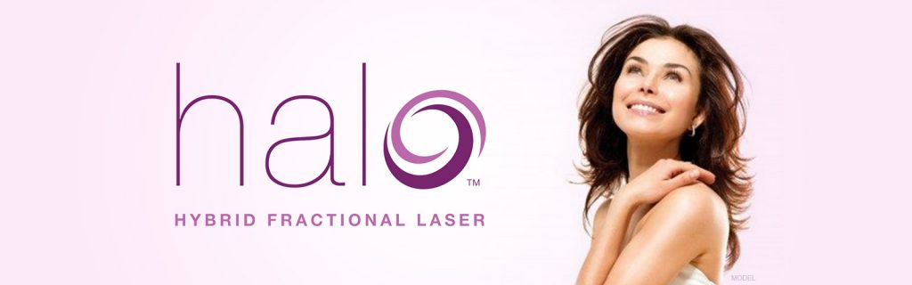 Halo hybrid fractional laser logo next to view of pretty brunette smiling with her hand on her shoulder.