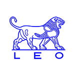 Logo for Leo, which consists of the name and the drawing of a lion in blue type