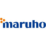 Maruho logo in blue type with three gold circles to the upper left of the \"m\"