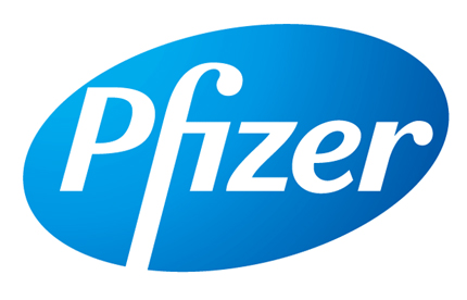 Pfizer logo, which consists of a solid blue oval with the Pfizer name in white type across it