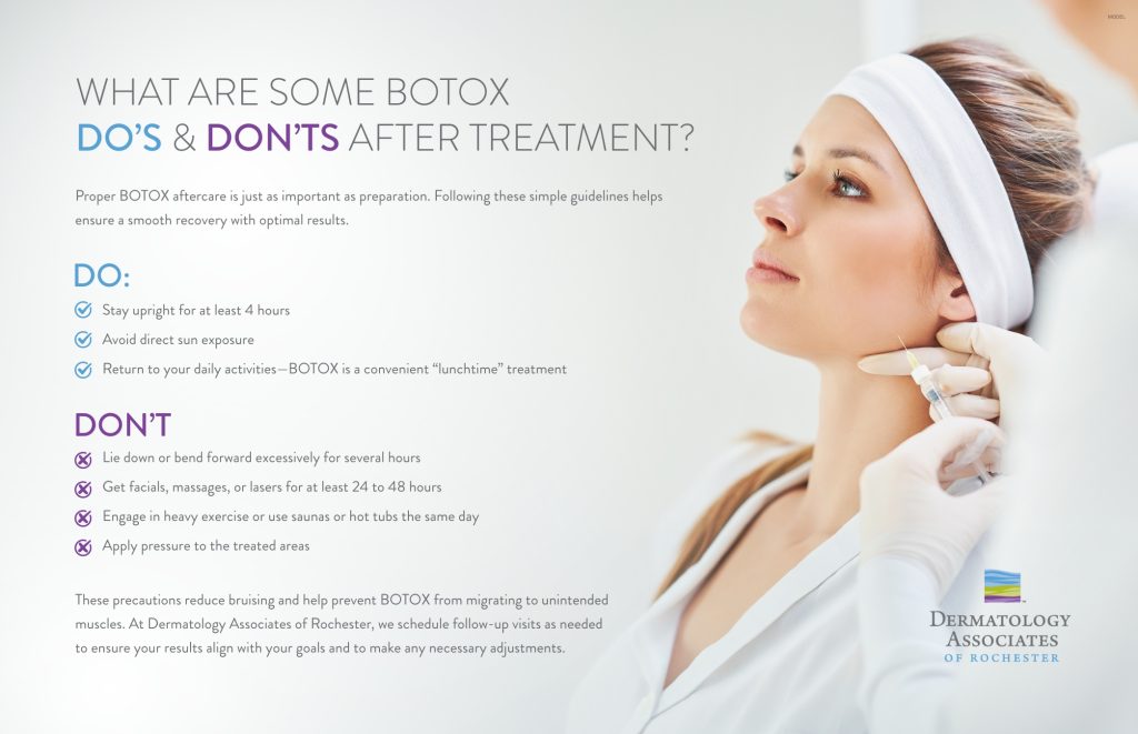 Botox aftercare infographic with woman in headband (model) receiving facial injection. Dermatology Associates of Rochester logo.